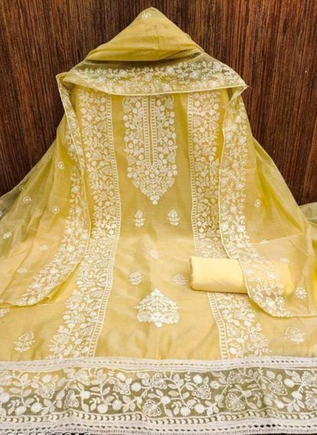 Modal Chanderi Yellow Festival Wear Embroidery Work Dress Material